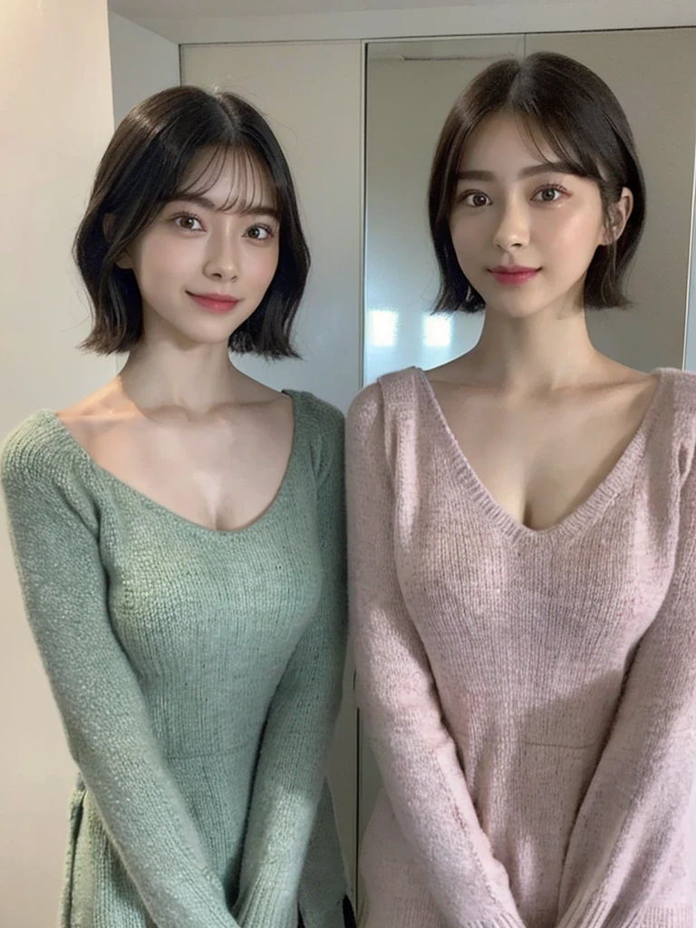 (masterpiece:1.3), (8k, Photoreal, Raw photo, best image quality: 1.4), Japanese high school girl、(random hairstyle:1.2)、cleavage:1.5、super detail face、eye for details、double eyelid、chest to chest、sharp focus:1.2、Beautiful woman:1.4、light brown hair、highest quality、masterpiece、超A high resolution、(Photoreal:1.4)、Highly detailed and professionally lit smiles、loose and light knitwear、shoulder out、thin、serious expression、short haired、deadly position
similar identical twins
All the girls have the exact same face, The two have the same face and figure, as if they were mirror images.