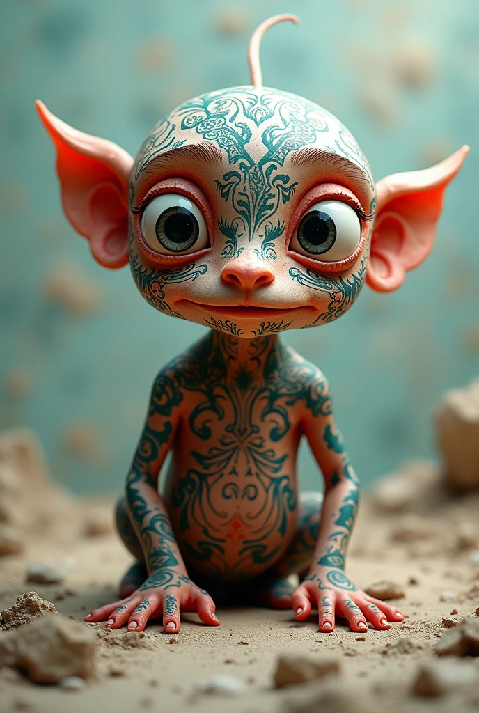 A character of a pore with eyes and tattoos