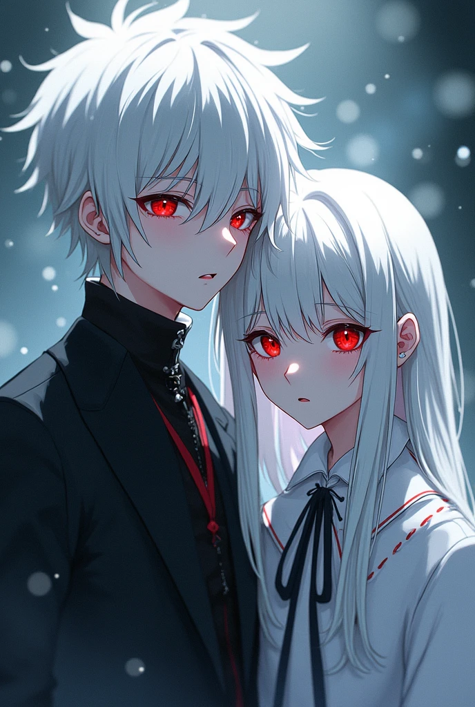 A girl with white hair, and a white-haired boy, both with red eyes in anime version, The two teenagers 