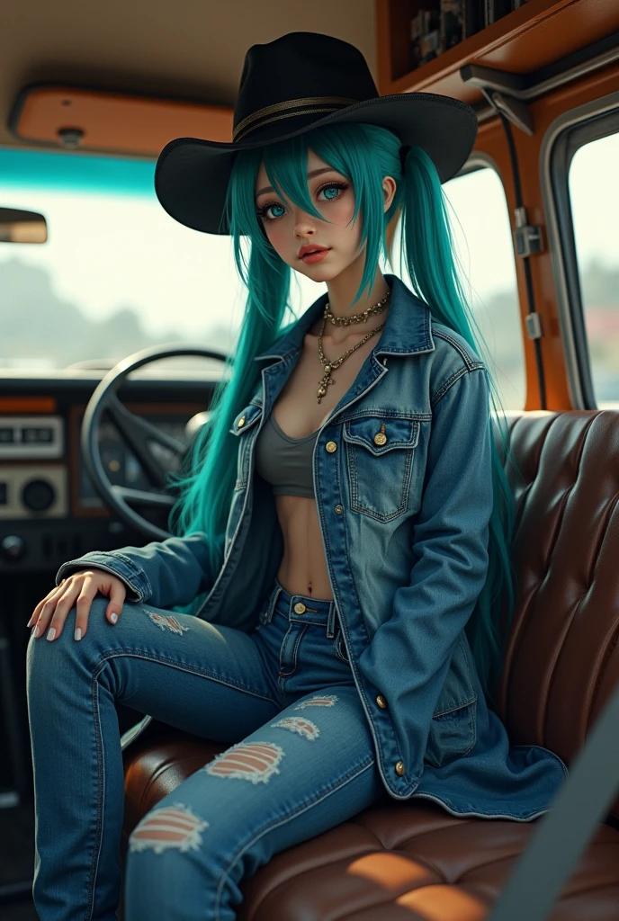 Hatsune Miku in denim clothes and a black cowboy hat inside a van