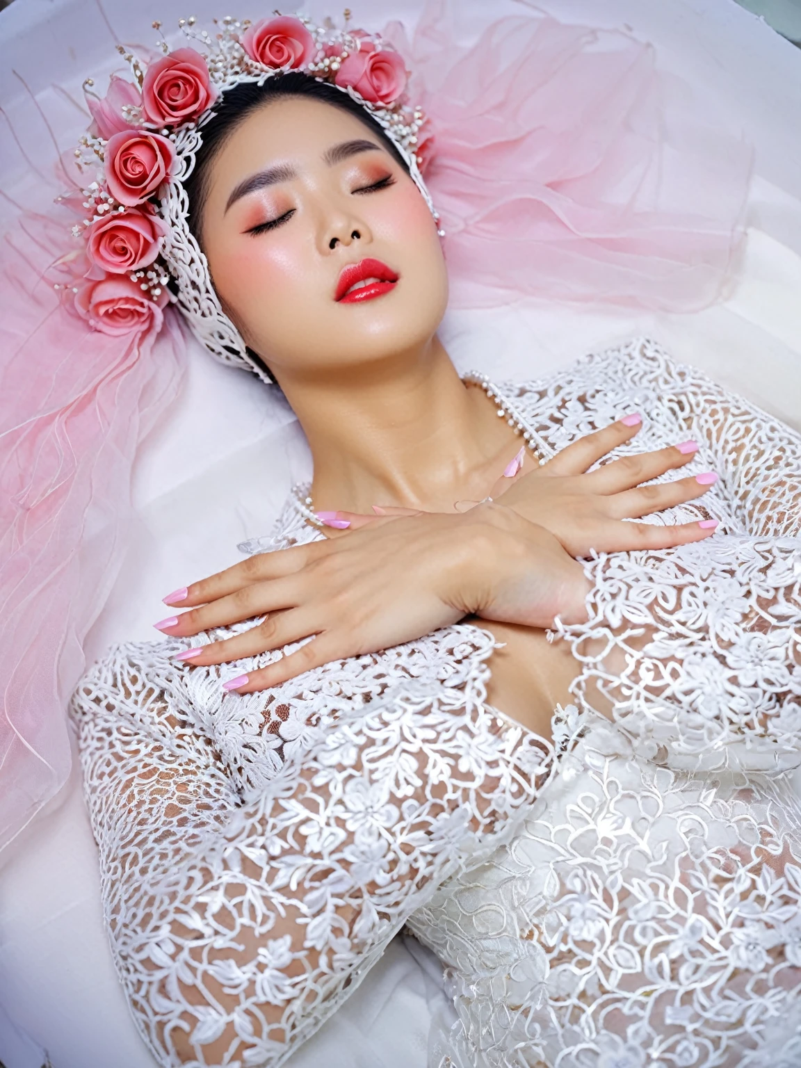 In a striking 8K HDR scene, a stunning Korean woman, 22 years old, lies peacefully in a long coffin and coffin lid beside the dead body. surrounded by plush pillows behind head. The deep box is set against a rich white background, accentuating the beauty of the subject. Her exquisite deep-V neckline kebaya attire is embroidered with superb detail, showcasing her round and firm breasts, perfect cleavage, and beautiful eyebrows. Her closed eyes and mouth give an air of serenity, while her visible and absolute cleavage leave nothing to imagination. The scene is bathed in saturated colors, highlighting every intricate aspect from the ball skirt to her clean face, straight body, detailed hand perfect hands, straight body, own hands together, own hand on stomach, detailed hands, perfect hands, holding the flowers, interlocked fingers