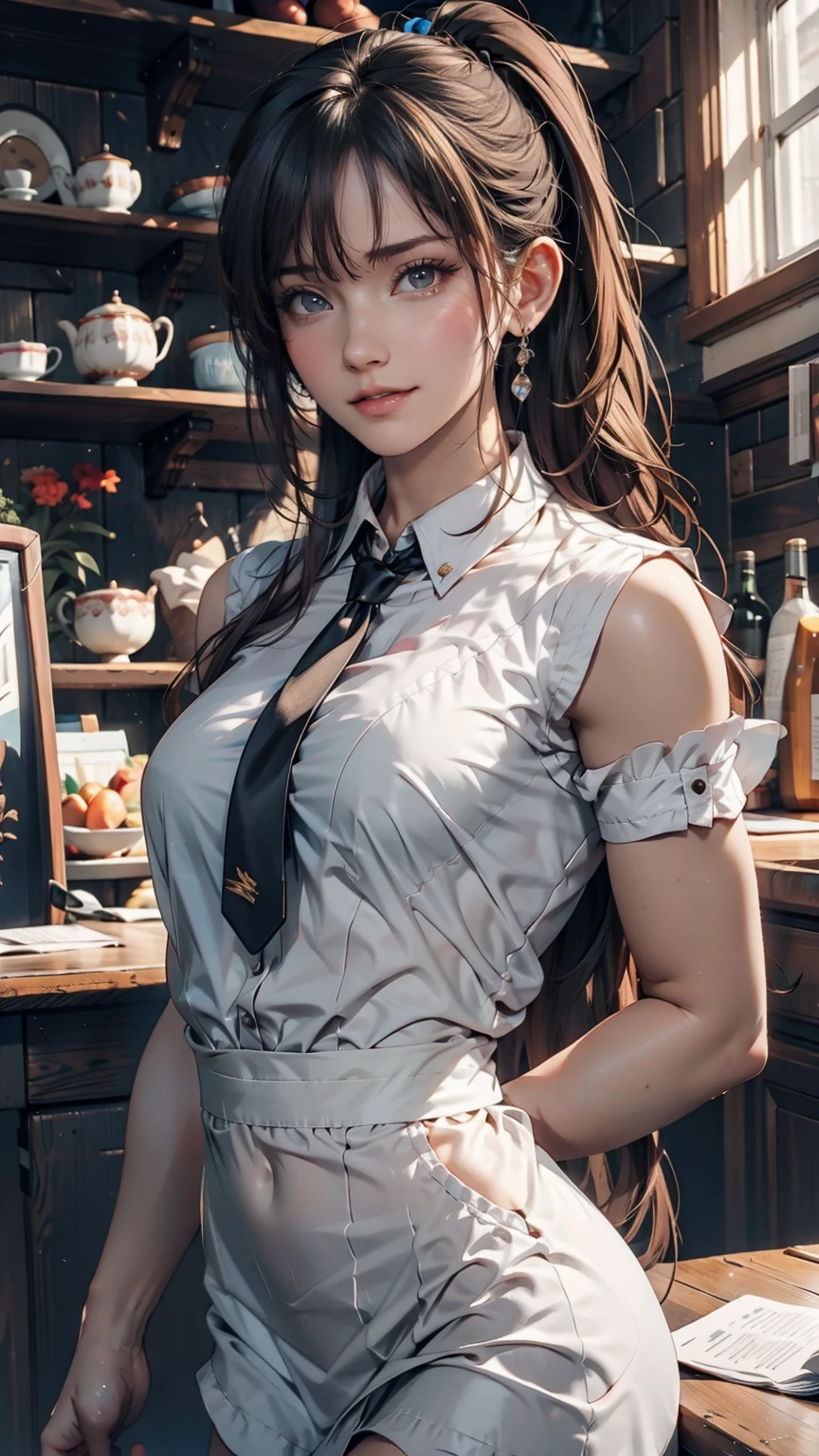girl, Black Hair, sister, Tie your hair into a ponytail、Smile at the speaker, High-quality images, masterpiece, beautiful girl, Cafe,