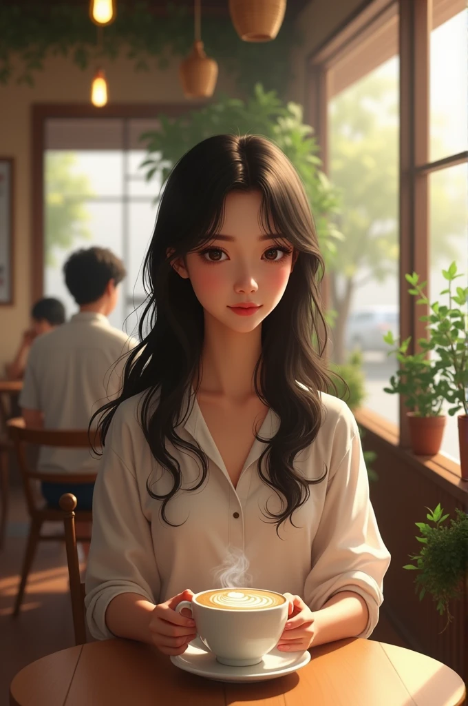 1 Thai girl is sitting and drinking coffee in a shop.