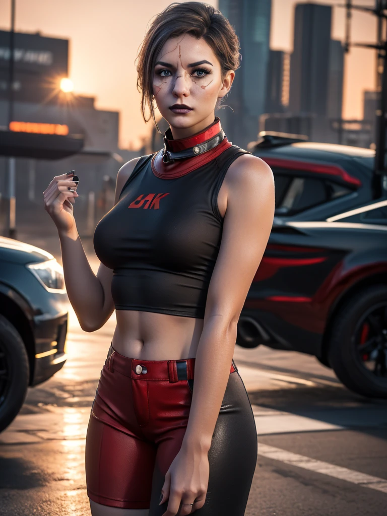 A young (( MerrinJS MerrinJFO )), wearing a tight, fitted metal collar wearing (tight, fitted, snug) high cut booty shorts and cropped shirts stands between two (powerful, sleek) Muscle Cars to start a race, engine roaring, in the backdrop of a vibrant Sunset. (Best quality, 4k, highres, masterpiece:1.2), ultra-detailed, (realistic, photorealistic, photo-realistic:1.37) prompt, with (HDR, UHD) quality and (studio lighting, sharp focus), , bright light, perfect eyes, skin blemish, detailed skin, full person, blacklight makeup,ambr1