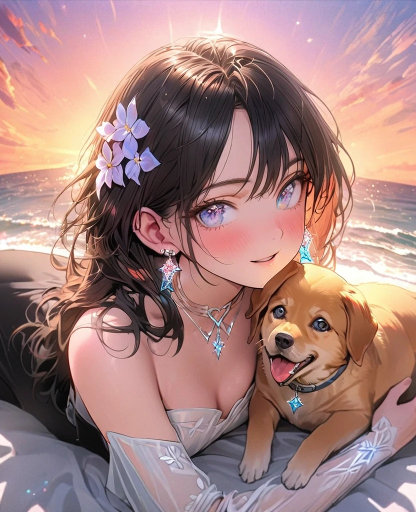 8k,Ephemeral beauty,Very delicate and beautiful,Beautiful and realistic skin,Sparkling small gemstone earrings,Black Bob、Colorful Hair,Beautiful Eyes,good,Beautiful sunset、Playing with dogs