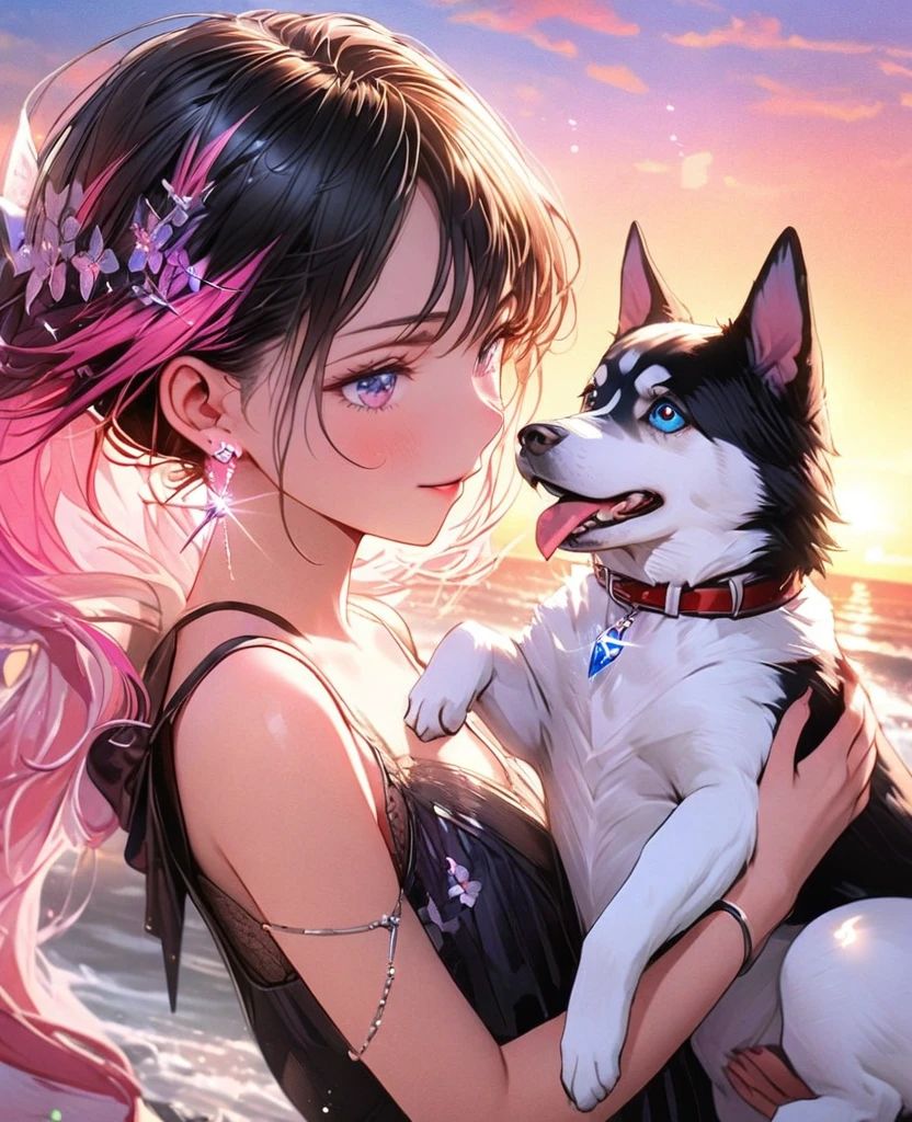 8k,Ephemeral beauty,Very delicate and beautiful,Beautiful and realistic skin,Sparkling small gemstone earrings,Black Bob、Colorful Hair,Beautiful Eyes,good,Beautiful sunset、Playing with dogs