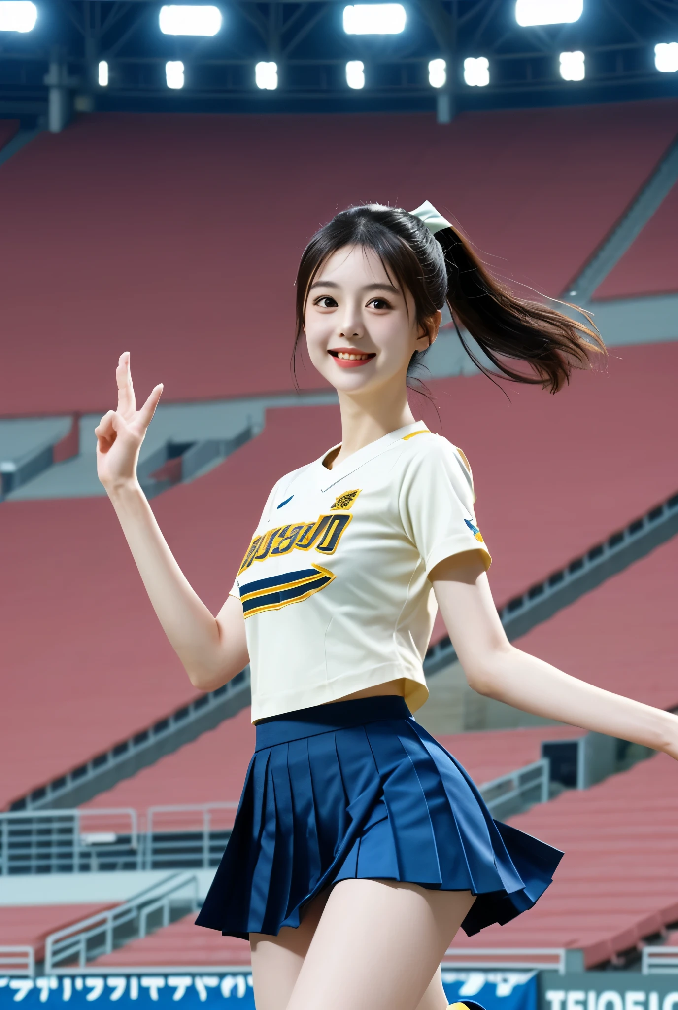 masterpiece、Highest quality、Detailed face、Japanese women、Woman in her 20s、Stadium、Cheerleader、Dynamic pose、Skirt flips、Jump