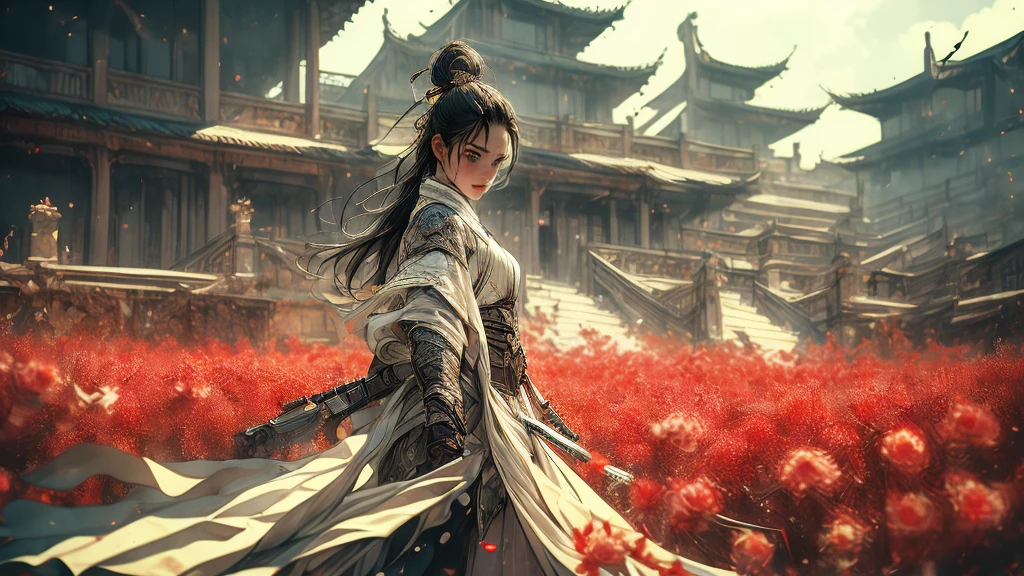 (In 8K,Highest quality,masterpiece),(Realistic,RAW Photos,Super Fine Clear),Realistic Light,Detailed skin,Beautiful woman,((25-year-old female, Beautiful assassin:1.5)),Thin legs、fine grain,Long Hair, Detailed fingers、thin、Sexual,Expressions of ecstasy,garden, Camellia,Flower Storm, Super large , Elastic and firm bust