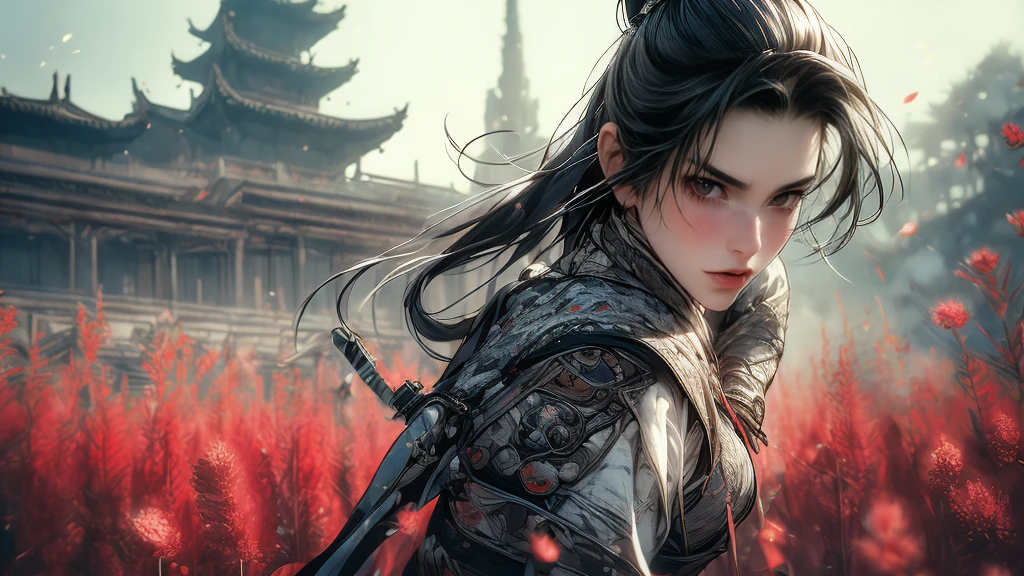 (In 8K,Highest quality,masterpiece),(Realistic,RAW Photos,Super Fine Clear),Realistic Light,Detailed skin,Beautiful woman,((25-year-old female, Beautiful assassin:1.5)),Thin legs、fine grain,Long Hair, Detailed fingers、thin、Sexual,Expressions of ecstasy,garden, Camellia,Flower Storm, Super large , Elastic and firm bust