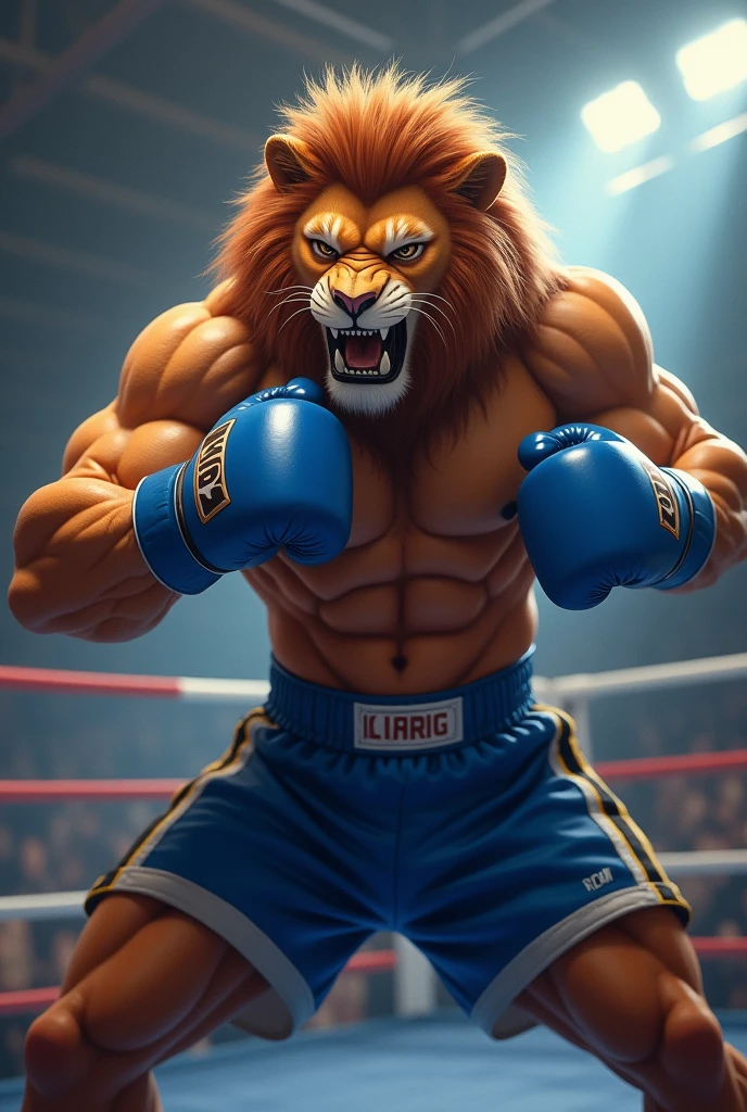 Detailed picture of a confident male anthro, (lion, lean body) in a boxing ring, trending on Art Station, Ross Tran, ruan jia, foxovh, ((determined expression, gritting teeth, wearing blue shorts, ((blue boxing gloves,)) (((dynamic lighting,)))