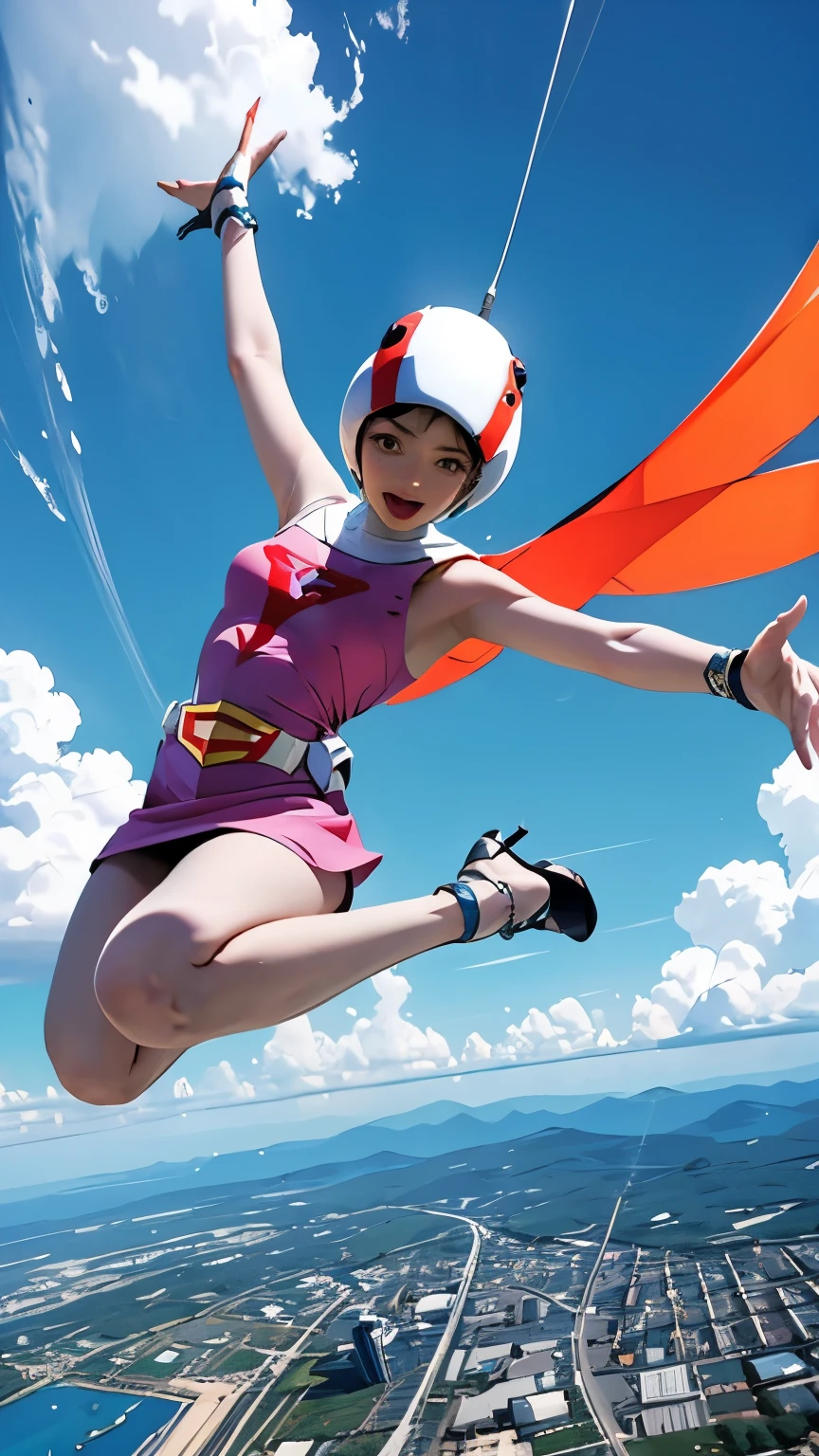 years_CLASSIC_Jun Gatchaman_Own Wife、Dynamic pose、sky diving、background、Future City。