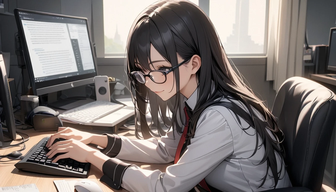 パソコンで仕事をするProfessionalグラマー,Portraiture,Professional,Wearing a smart suit,Stylish glasses,Typing on a sophisticated computer,Use a wireless mouse,Sitting at a modern desk,A soft smile,Soft natural light,High resolution,High resolution,Very detailed.One Woman ,alone, Beautiful black hair ,Undistorted keyboard, focusing