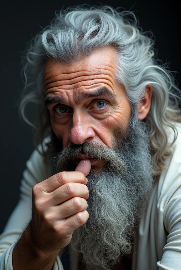 Viking-liked, Respectable, middle-aged, wrinkle, long grey hair, grey beard, grey mustache, blue eyes, handsome man, strong, brave, white shirt, show small penis, sucking his own penis