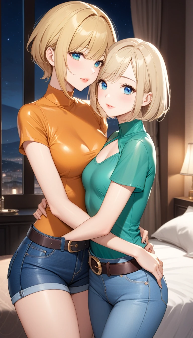 Two beautiful ladies ((lady 1: 35y old mom, with short straight blonde hair, lady 1 with blue eyes and caucasian skin, lady 1 wearing Tight Jeans and Leather Belt, lady 1 Sexy Criss Cross Mock Neck Short Sleeves Orange Blouse)), ((lady 2: 13y old daughter, with short straight blonde hair, lady 2 with blue eyes and caucasian skin, lady 2 wearing Tight Jean Shorts and Leather Belt, lady 2 Sexy Criss Cross Mock Neck Short Sleeves Green Blouse)), luxurious jewelry, 18k gold wedding ring on left hand, standing in their bedroom at night, hugging and kissing each other, (light brown lipstick), (elegant mascara), (slim body), (small breasts), (wide hips), endjourney, <lora:GoodHands-, <lora:GoodLegs-, UHD, high resolution, (expressive eyes, perfect face, full body, expressive face, perfect body, perfect pussy, athletic, fit, slim body, blushing, Perfect makeup, eyeliner, beautiful eyelashes, smiling, horny face), ((best illumination, best shadows)), ((sexy pose)), ((Front pov:1.1))