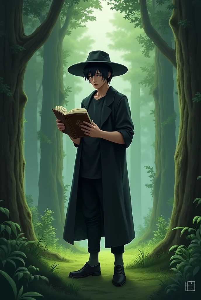 Young man with black taran hat, black t-shirt, black pants, black dress shoes and a grimoire in a forest with grass and lots of trees straight black hair 