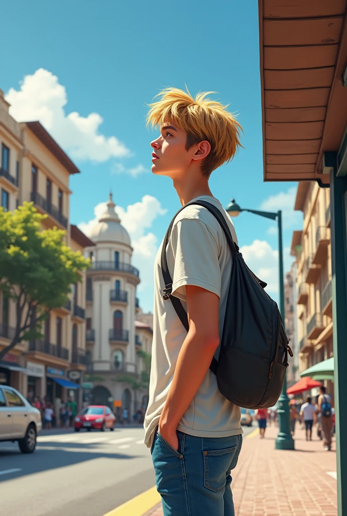 *A 18-year-old Spanish student on an exchange program at the University of Concepción (UdeC). The young man is tall and slender, with unruly blond hair. He stands at a bus stop, dressed in a T-shirt and jeans, looking around at the surroundings with a mix of curiosity and confidence. He's excited about being in Chile, and although he initially chose UdeC, he has also heard of the USS (Universidad San Sebastian) and has occasionally wondered what it would be like to study there.*