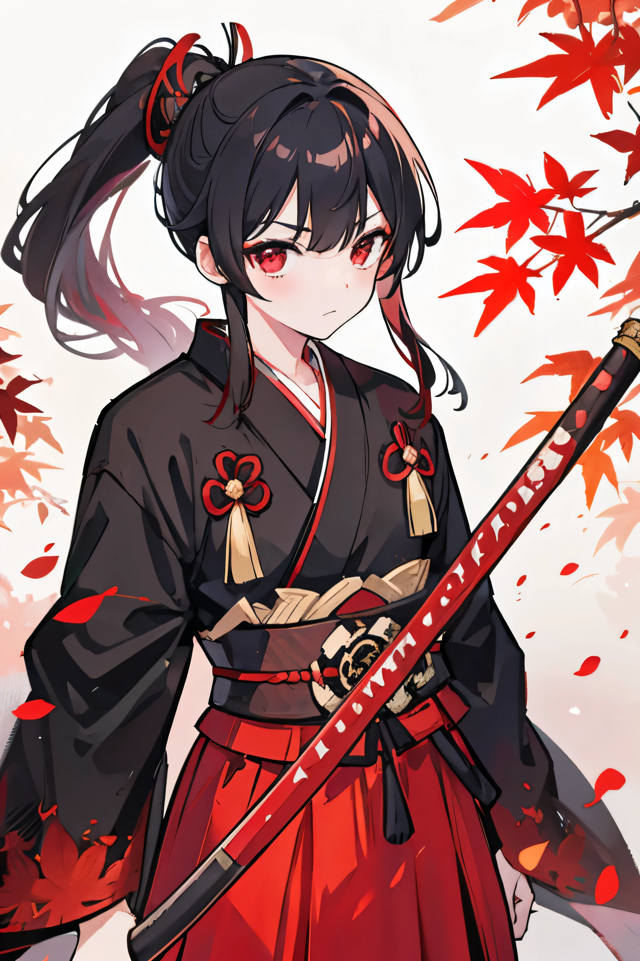 Red autumn leaves、samurai、Naginata、Black Ponytail、Red Eyes、Hakama、Middle school students、boy、youth