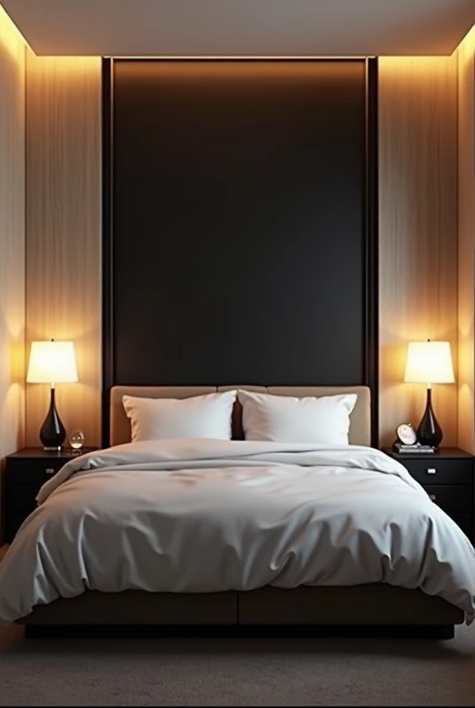 Generates an image of a small bedroom containing a king-size bed, Black backing, two black nightstands, one on each side of the bed, and the light grey background wall. Now I need you to make it smaller, the height is much lower, the back wall smooth and lighter, The lighting should be warmer and the backing I told you should be black