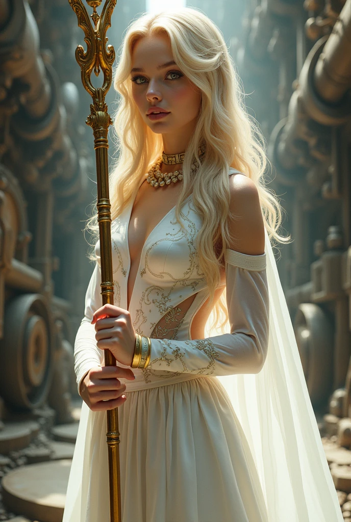 Design a young woman, about 20 years old, slim, with very white skin, blond hair, gold eyes, wearing a white steampunk style dress carrying a golden staff