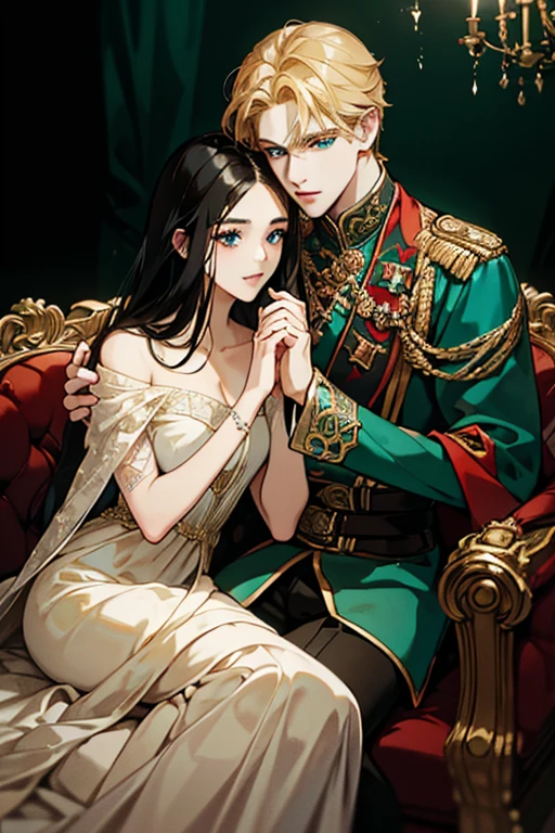 (masterpiece, a couple, high quality, best quality) The royal couple during the dance, The Guy is a perfect blond, blue-eyed aristocrat gave the impression of untouchability due to his overly bright facial features.A girl with long black hair, red eyes. Very close to each other. A girl in a beautiful dark green dress, a beautiful figure, very close to a guy, hugging excitedly, moonlight, beautiful facial features, , novel, couple, elegance. the cover of a novel for adults, good quality, sensual pose, lustfuoks. the colors of the King,beautiful androgynous prince, knight and princess, delicate androgynous prince, romanticism art style, anime key visual of elegant, royal portrait, a girl with long black hair, resin-colored hair, red eyes, fair skin, light green dress. Background: The royal garden at night. Moon Lighting. Girl black hair red eyes, guy golden hair blue eyes, age 25, ded face, manly man passionately hugs a girl, a girl is a princess of an enemy country with long black hair and red eyes, a man with golden hair and blue eyes, contrasting colors, passionate relationship, a girl in a green fitted dress with a neckline, a , male king in royal costume, after the ball, background of the royal garden, the lighting is cold, intimacy between the couple, passion. A very sexy man, . A g is sitting on a man's lap, a passionate pose, a beautiful girl, a lot of details. Blond man, dark-haired girl, attraction between couple, sexy pose, addicti