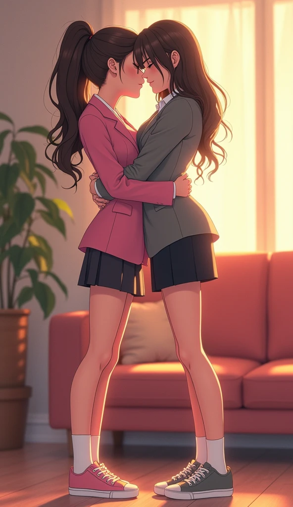 Two girls, yuri,(The first girl wear a pink suit, black pencil skirt, white socks, pink sneakers) and (The second girl wore a grey suit, black pencil skirt, white socks, grey sneakers) french kiss, lesbian kiss, hugging, sensual body, closed eyes, living room, novel cartoon, 4K, HD