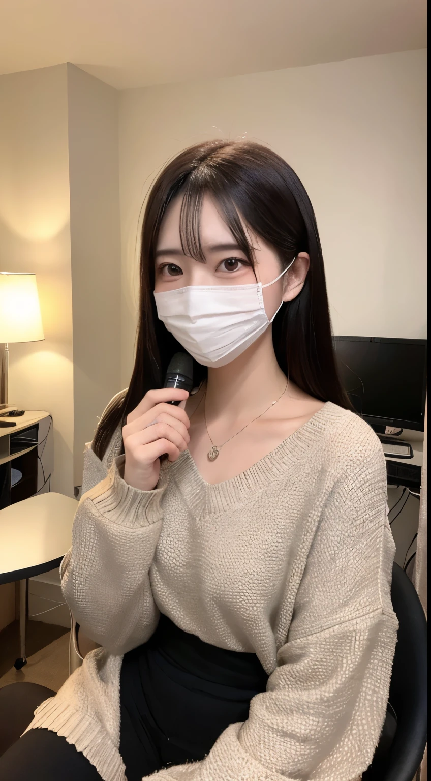 A charming and cozy chat room, small in size but rich in details, featuring a high-quality computer setup, a professional microphone, and sophisticated lighting. The room is occupied by an alluring woman in her mid-20s, characterized by her long, beautiful hair and a white face mask, adding a contemporary and mysterious allure to her appearance. The mask hints at her awareness and adaptation to modern needs. The overall scene is to be captured in the highest quality and resolution, aiming for a masterpiece-like finish (1.3). The ambiance of the room is warm and inviting, perfect for engaging online conversations and interactions