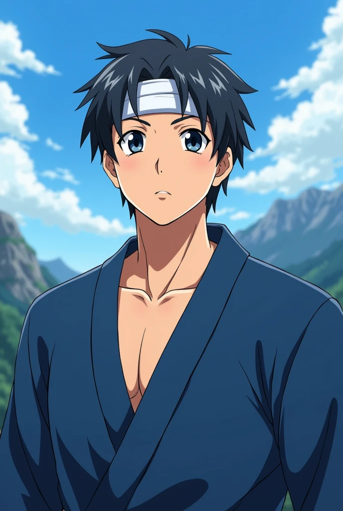 anime、Photographer's POV、Chest to head、looking at the camera、male、Around 30 years old、Muscular build、Square face、Round Nose、short hair、No bangs、Black Hair、Blue Jinbei、White headband、Deep in the mountains、Thirsty、Chest to head