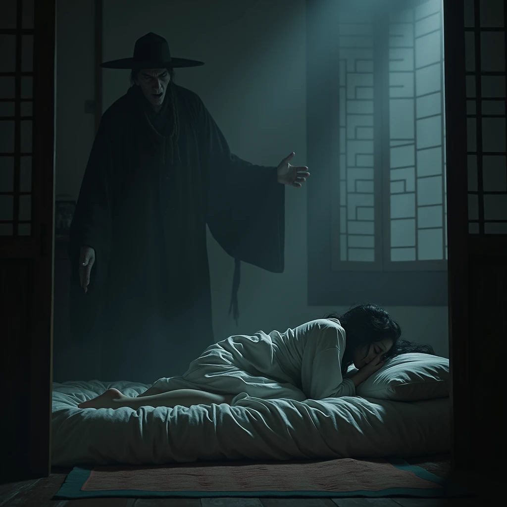 Land of Rakshasa、Japan、An evil magistrate attacks a woman in his mansion.、On the futon、bedding、(A thin, pale-skinned young woman), The merciless demons、Hell on Earth、Dark Clouds、A cruel world where people are no longer people, (A demon attacks a fleeing woman)、