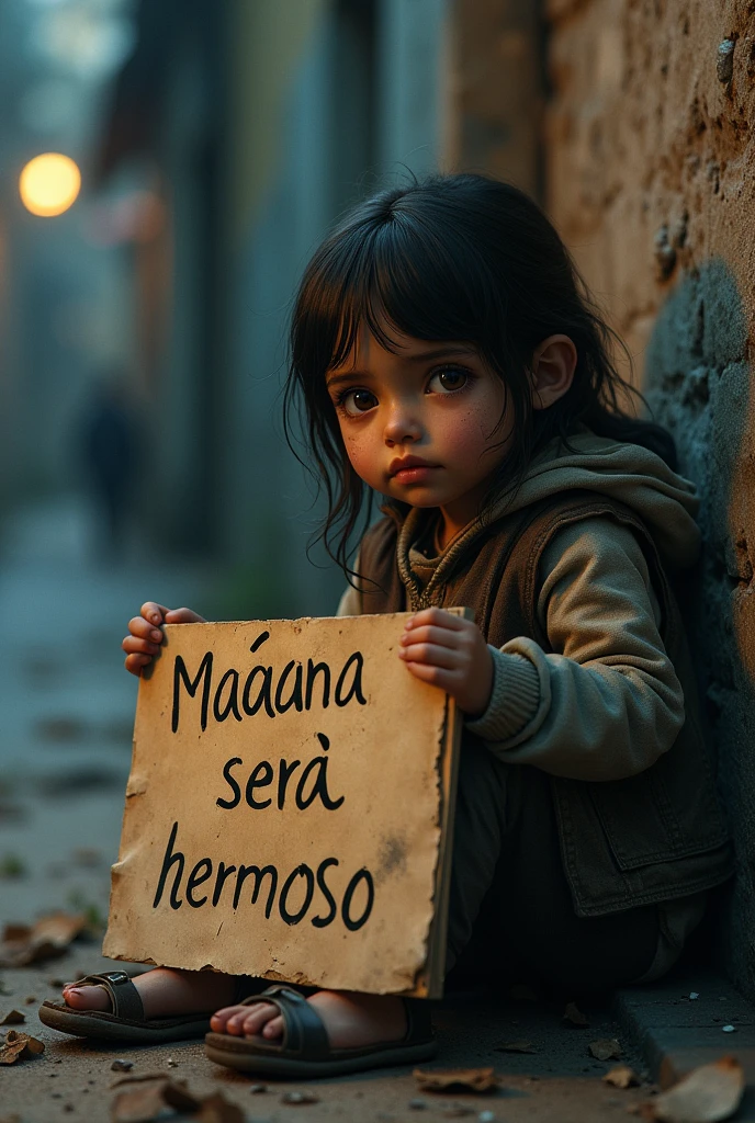 I want a poor girl begging for alms with a sign that says “Tomorrow will be beautiful” written in Spanish 
