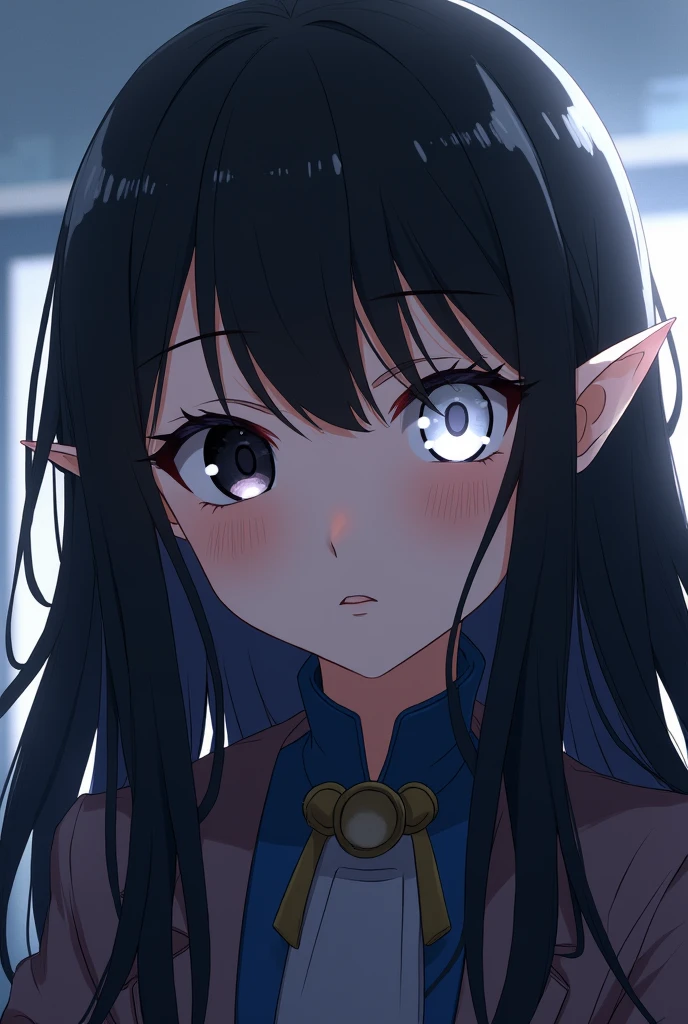 A 17 year old bnha girl with black hair, with different eyes, the right one black and the left one completely white, long eyelashes and his elf-like ears are all