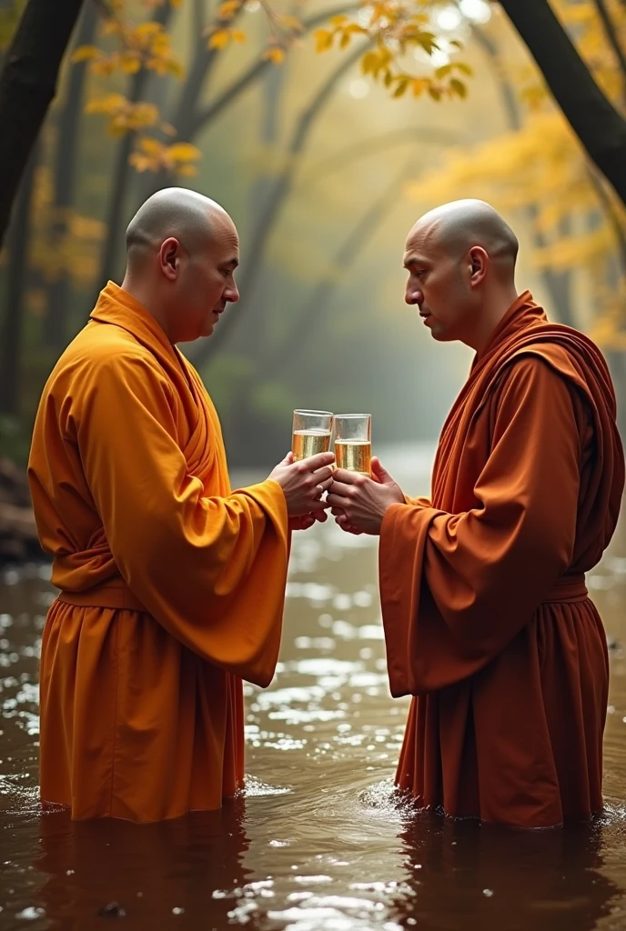 A guy tells his teacher that he wants to know something, but since he already knows a lot, the teacher tells him that he has to empty some of the water from the glass so that he can have more water., but make one have an orange bald Buddhist type suit, but you have to put the teacher and the student