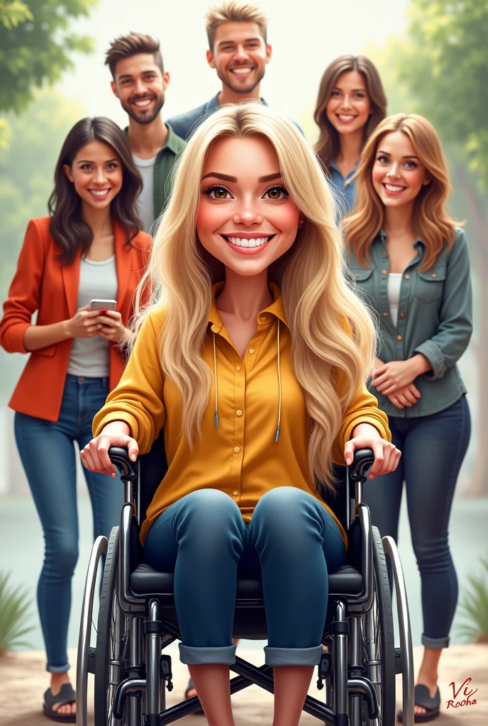 I am a wheelchair user, white, have brown eyes and long blond hair and I am a candidate for councilor.. I would like you to create a caricature of a wheelchair user in the front and happy and the people behind happy and with my name Vi rocha