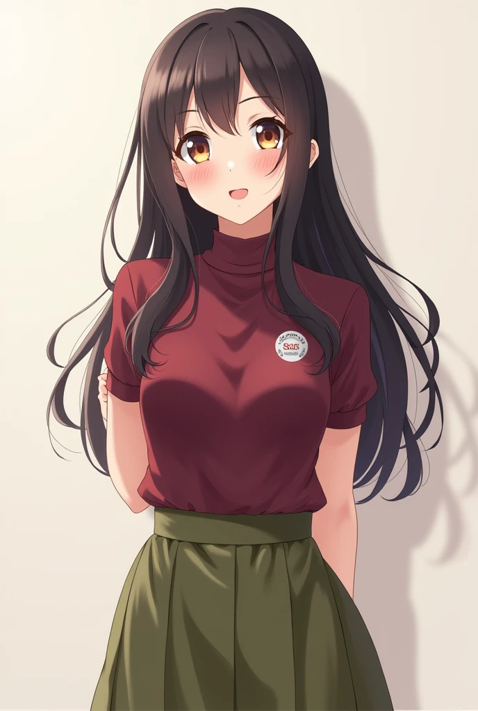 Anime Japanese College student Beautiful woman Blushing Friendly expression Elegant maroon clothes and olive green skirt Young lady 9000series on her chest 
