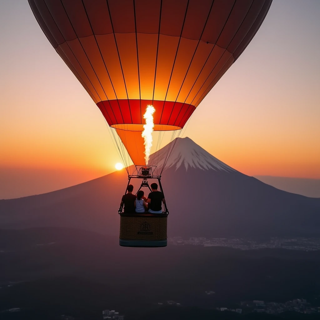 A family of four flying in a hot air balloon over Mount Fuji at sunset