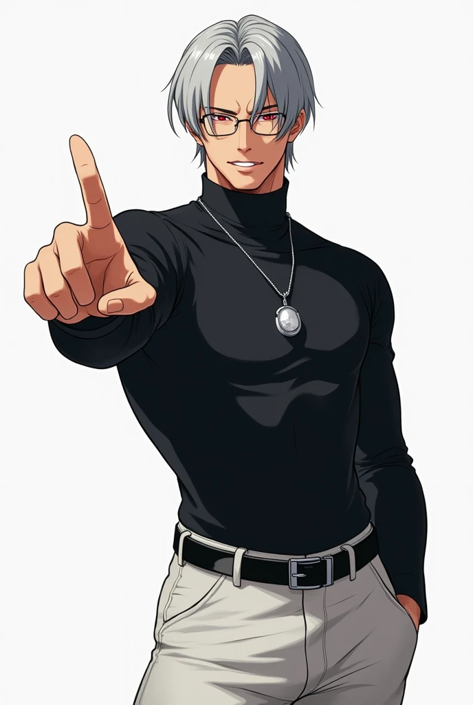 Center-parted gray hair(Silver Hair)、Two Block、Glasses、Red eyes、Black turtleneck、A silver whistle around his neck、White trousers、Black Belt、Charisma、25 year old handsome man、Pointing finger to the top right、Slender