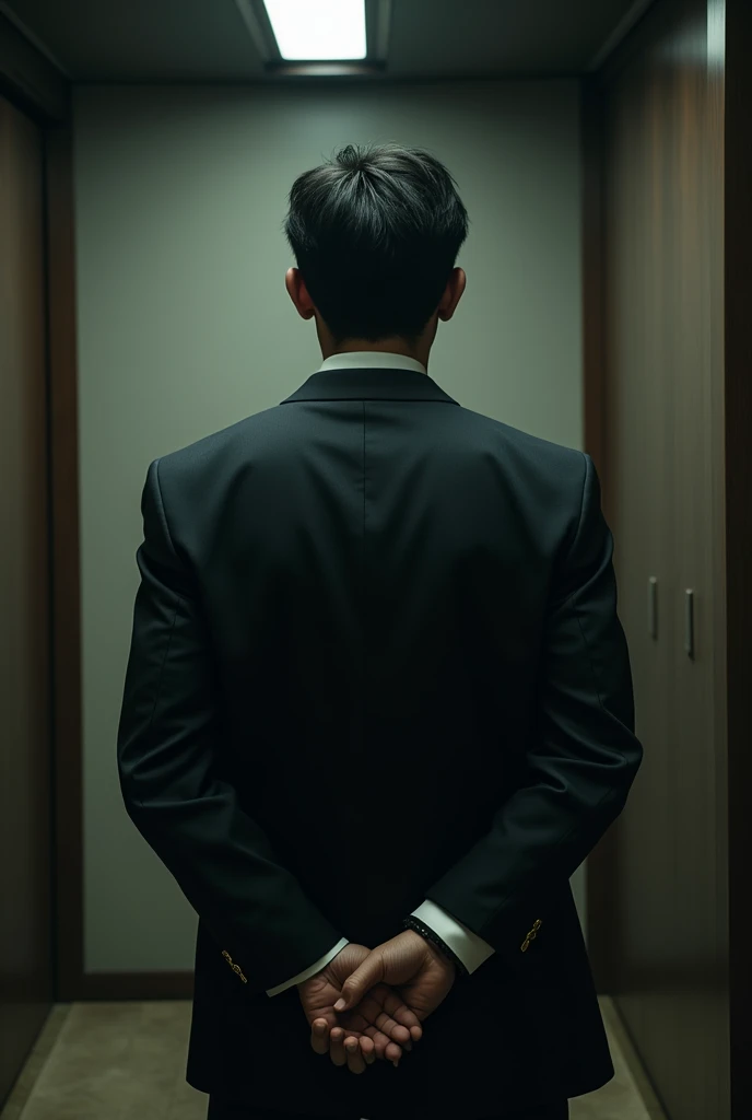 Handsome Japanese man facing away with his hands tied behind his back
