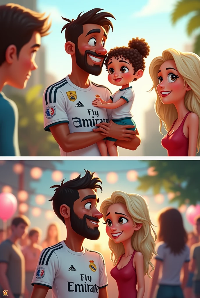 make a cartoon image about the player Éder Militão wearing the Real Madrid team&#39;s clothes picking up his daughter (a 2 year old white girl with curly hair) just to take a picture on Instagram and then return it to a blonde woman (white with platinum hair)
and another image in another plane of the player in a party 