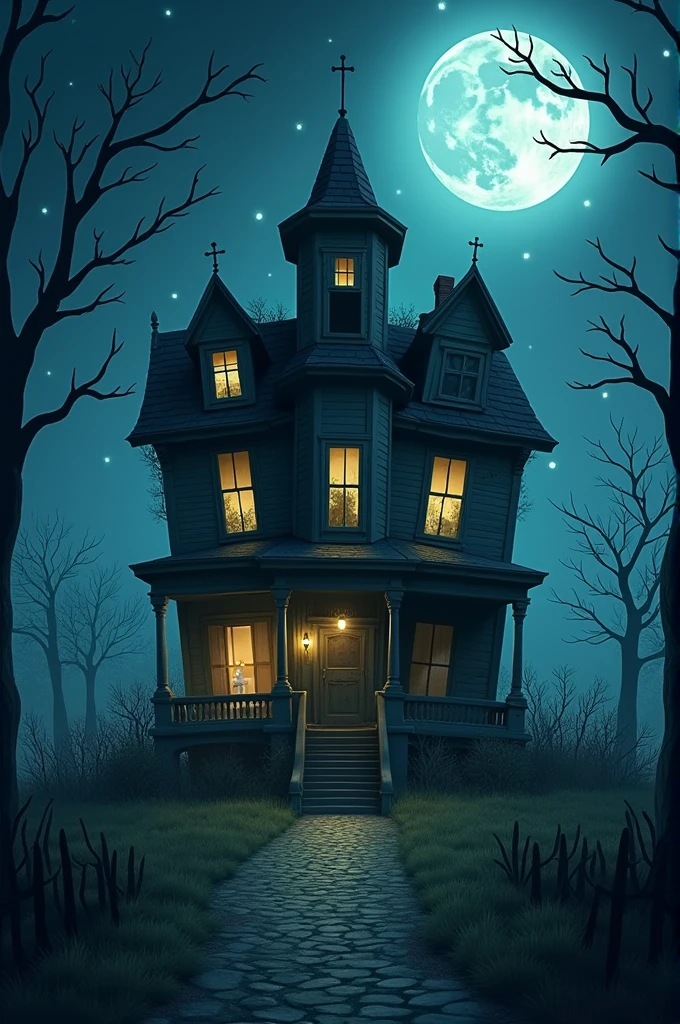 Create cinematic 3d cartoon style "
A dilapidated old mansion stands eerily silent under a moonlit sky."