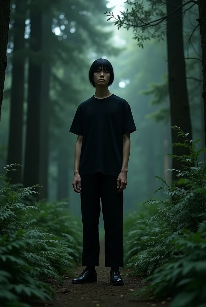 Young man with black taran hat, black t-shirt, black pants, black dress shoes in forest with grass and lots of trees straight black hair 