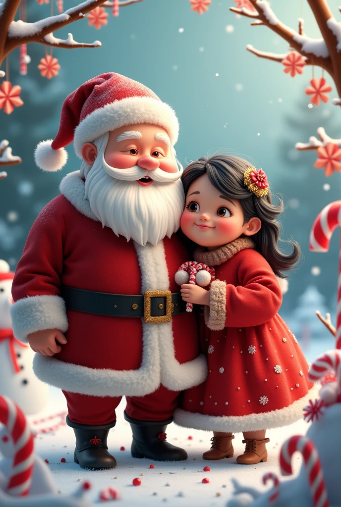 Santa Claus with his chubby wife, black hair, Snowman, Snowflakes, candy canes, Christmas time,