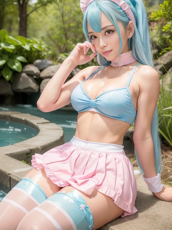 One Girl, Age 35, alone, ((Long light blue hair 1.4)), ((Sweaty 1.5)),((Shiny skin 1.4)),((Thighs)), Brown eyes, ((Pink miniskirt maid outfit 1.5)),((Knee-high socks 1.4)),whole body, bangs, Realistic,((Small Breasts 1.2)), 4K, Highest quality, Slender beauty, Extremely clear images, 8k, Beautiful pose, Photo session、((Cute pink maid outfit))、smile、Straight hair,((Hot Spring Background))