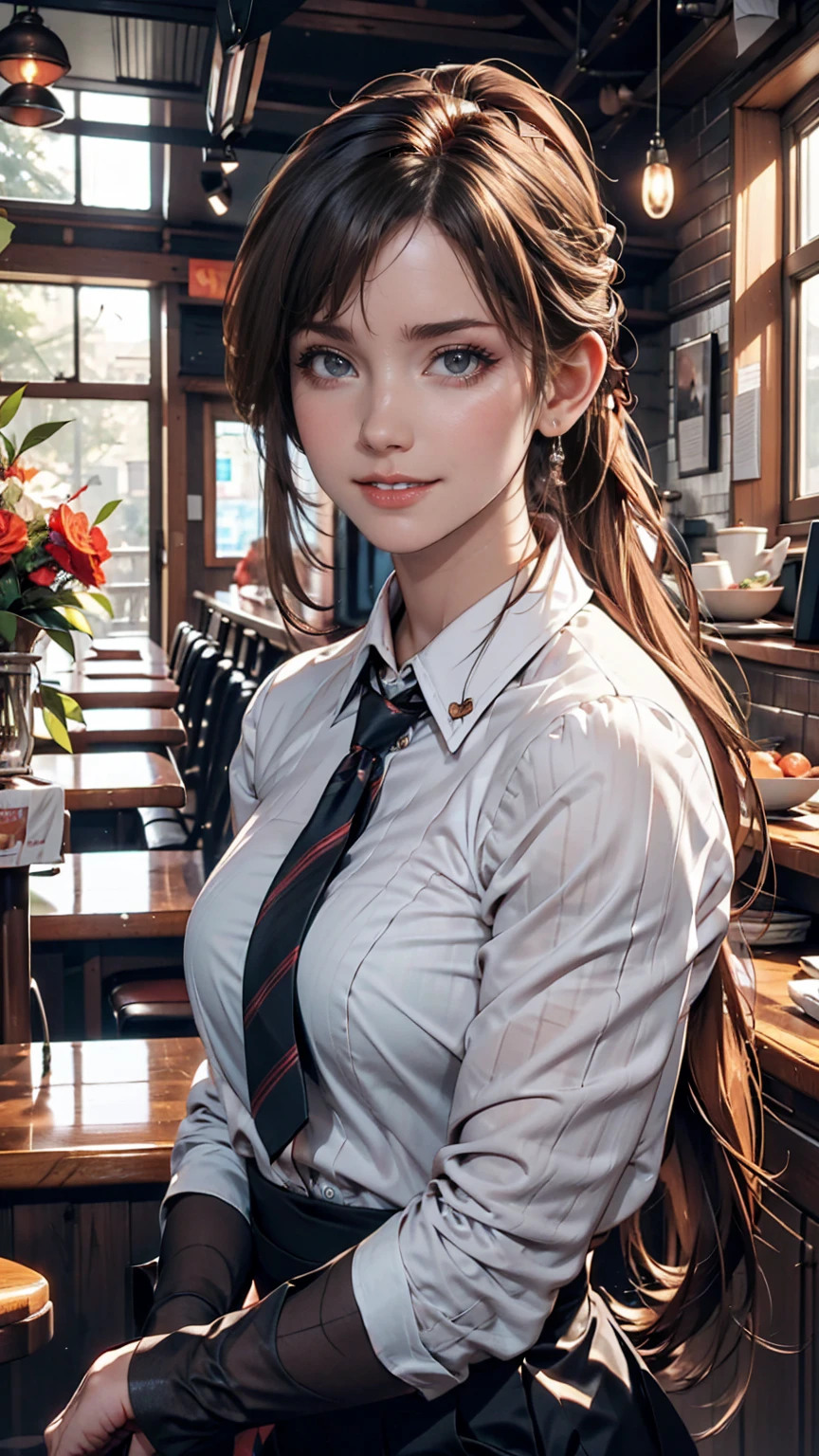 girl, Black Hair, sister, Tie your hair into a ponytail、Smile at the speaker, High-quality images, masterpiece, beautiful girl, Cafe,