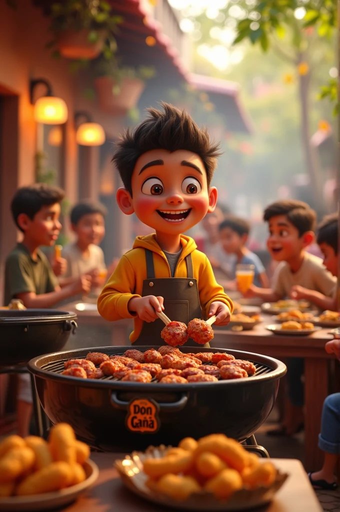 Pixar type image , A boy in a yellow jacket and black pants and his kitchen apron grilling meat and lots of choclitos, cheering up the many people at the tables and with lights.  And on the back say Don Caña as a sign with a grill design  