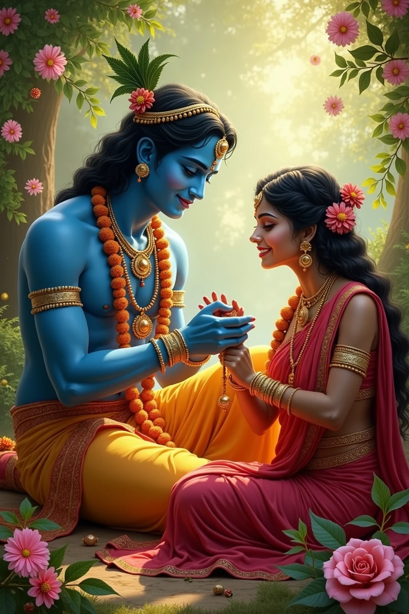 Generate an image : 

Lord Krishna and Subadhra (Krishna's sister and Arjun's Wife) ; Subadhra is tying Rakhi on Shri Krishna's wrist.