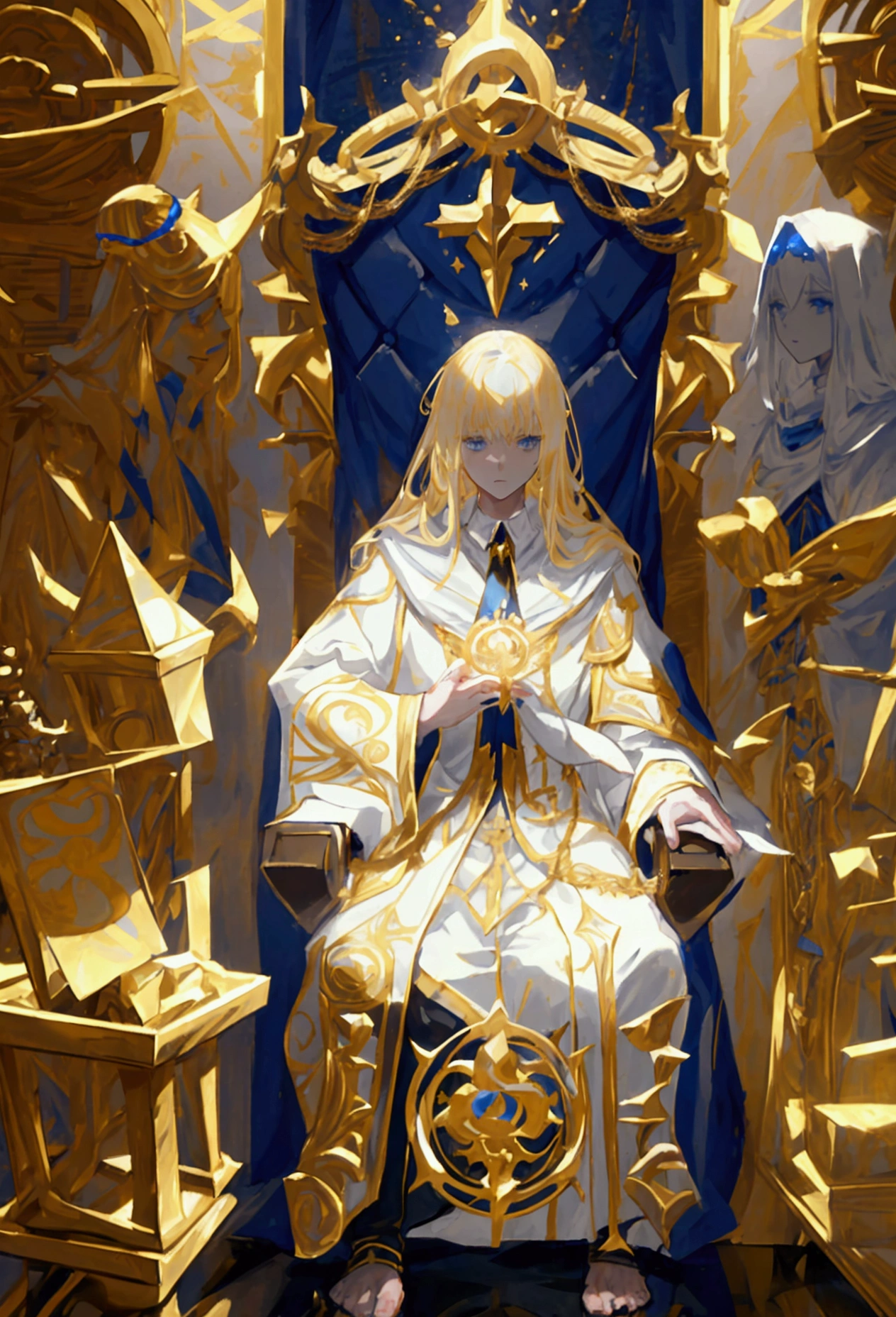 1 boy, throne, gilded clothing, white robes, 13 point star insignia, blonde hair, blue eyes, intense gaze, photorealistic, 8k, highly detailed, cinematic lighting, dramatic shadows, renaissance style, gold accents, luxurious textures, ornate details, epic fantasy, regal, powerful, commanding presence, man is cultist.