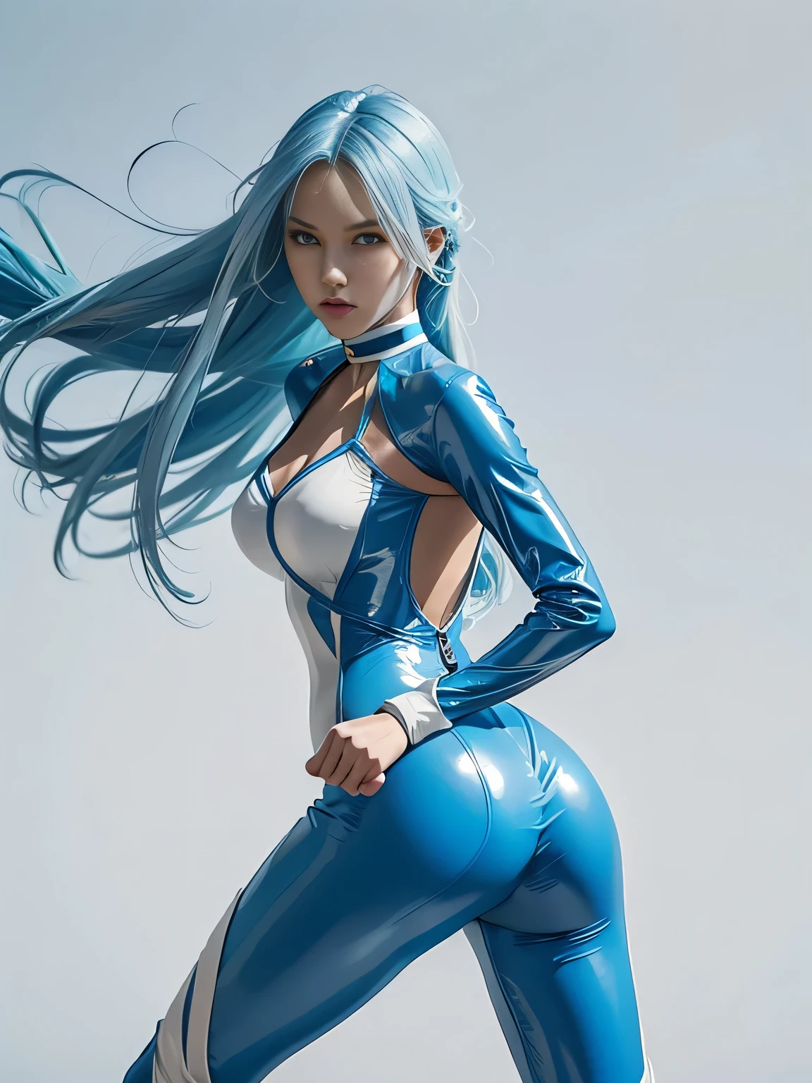 superheroine, long long gorgeous light blue hair, slender body, latex, leotard, blue and white costume, battles, bravery, (cool action), (fighting pose), choker, hair blowing, from behind, white background