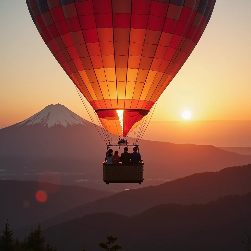 A family of four flying in a hot air balloon over Mount Fuji at sunset
