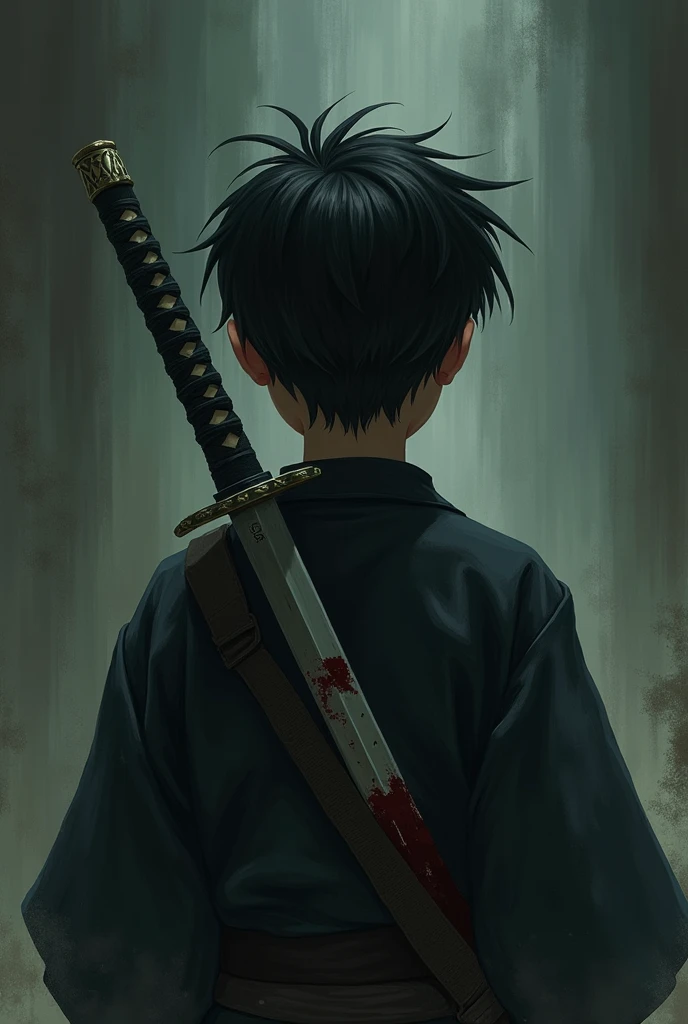 A boy of about eleven years old who is facing away and has a single katana in his back and the boy has black hair and green eyes and black swordsman clothing and more or less part of his face can be seen.