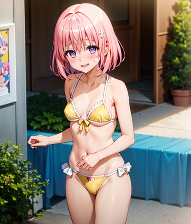 (Highest quality), (masterpiece), ), Portraiture, close,Beach、Micro bikini one girl, Momo Juvenile Deviluke, hair ornaments, Bobcut, Short Hair Pink Hair, Purple eyes, Large Breasts, yellow , View your audience, (blush:1.2), smile,
