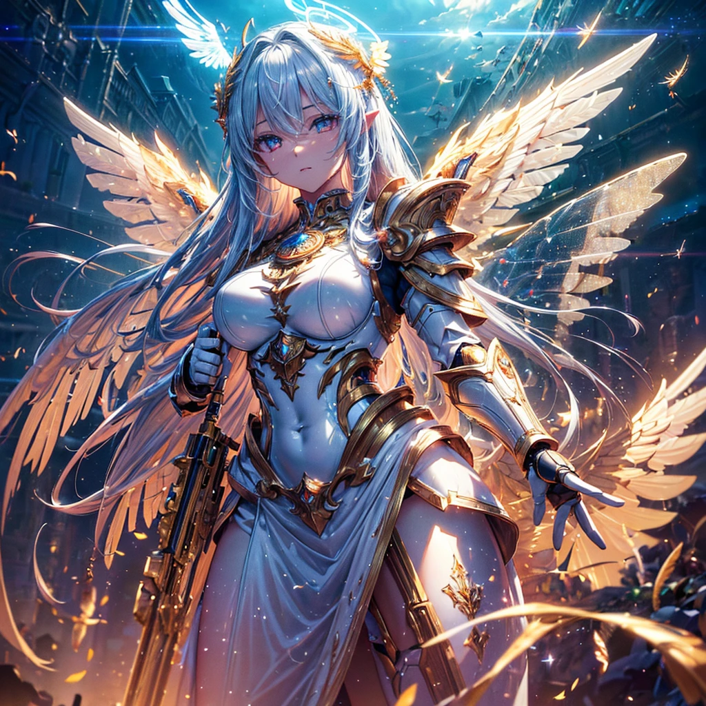 masterpiece, 8K wallpapers incorporating high-definition CG, 8K Ultra HD, Digital SLR, high quality, clean, Accurate anatomy,((A goddess in white mechanical armor with large wings, godly aura, magic, fly in the sky)), Glowing Eyes, Cinema Lighting, 超High resolution, 超High resolution, High resolution,Huge golden halo,Perfect Anatomy